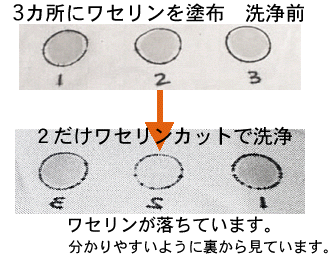 ワセリン落とし洗浄テスト　アトピー洗濯にワセリンや軟膏汚れの洗濯にワセリンカット